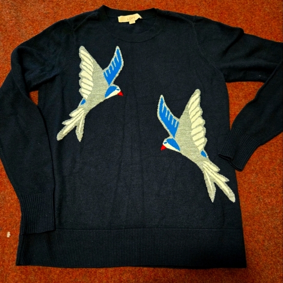 Loft Navy Blue Sweater Size Small Metallic Outlined Birds - Picture 1 of 9